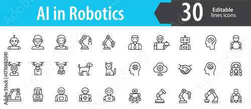 AI in Robotics Line Icons, Artificial Intelligence, Robot, Automation, Machine Technology Symbols, Editable Formats: AI, EPS, JPG, PNG, Ideal for Both Digital and Print Use
