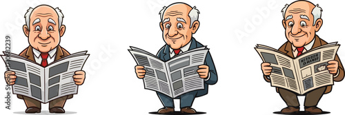 Cartoon old man reading newspaper, elderly character, daily news, serious expression, media consumption, information concept, vector illustration, vintage style