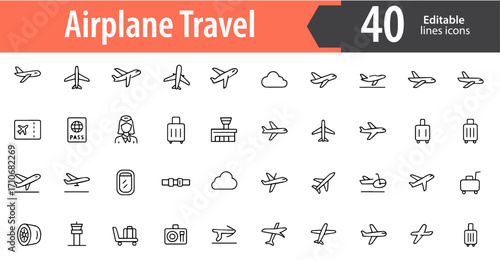 Airplane Travel Line Icons, Flight, Luggage, Airport, Tourism and Vacation Symbols, Editable Formats: AI, EPS, JPG, PNG, Ideal for Both Digital and Print Use
