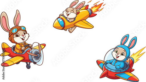 Cartoon rabbit flying airplane, rocket pilot, funny animal character, aviation adventure, cute bunny, space travel, children's illustration, vector art