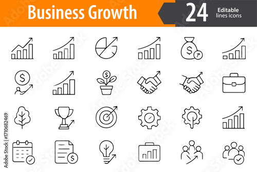 Business Growth Line Icons, Success, Chart, Arrow, Finance, Market and Development Symbols, Editable Formats: AI, EPS, JPG, PNG, Ideal for Both Digital and Print Use
