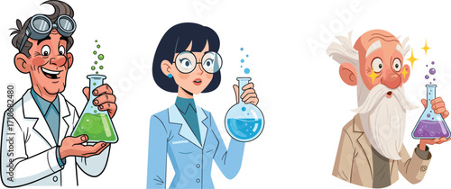 Cartoon scientist characters, funny chemistry experiment, laboratory researchers, science people illustration, comic lab workers, professors with flasks, colorful liquid reaction