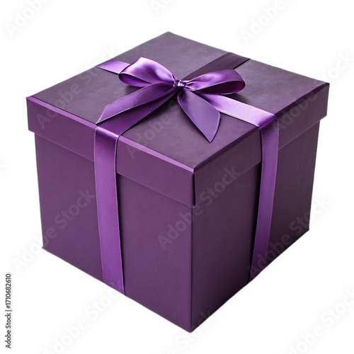 A square purple gift box with a matching ribbon and bow on a black background for a celebration