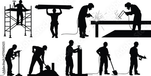 Construction worker silhouettes, building laborers working, builder on scaffolding, welding, drilling, digging, hammering, construction site vector illustration