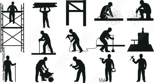 Construction worker silhouettes, building laborers, welding, drilling, hammering, scaffolding, tools, manual labor, industrial work, vector illustration