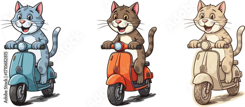 Cute cartoon cats riding scooters, fun animal characters on motorbikes, playful feline vector illustration, happy pets on wheels