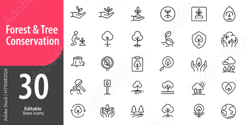 Forest and Tree Conservation Line Icons, Nature, Ecology, Green Environment, Plant and Leaf Symbols, Editable Formats: AI, EPS, JPG, PNG, Ideal for Both Digital and Print Use
