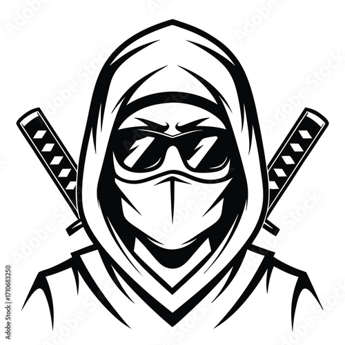 Hooded fighter sporting shades poses silently with crossed katana swords ready for battle