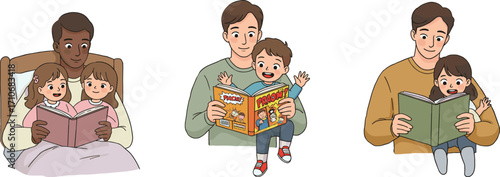 Father reading bedtime story to children, happy dad and kids reading together, family bonding moment, parenting illustration, vector art