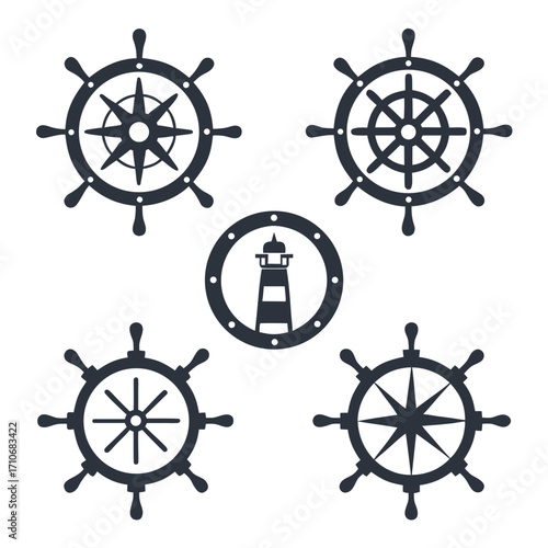 Collection of dark blue ship steering wheels and lighthouse icon helm nautical