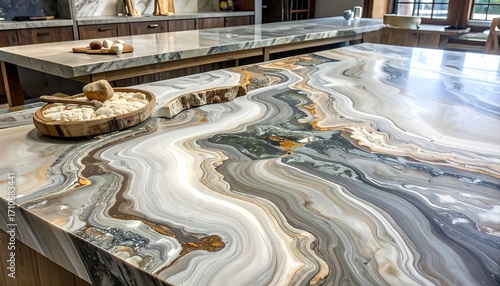 Stunningly detailed contemporary kitchen counter design with natural stone patterns