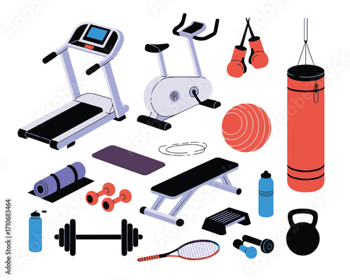 Gym Equipment Set Treadmill Exercise Bike Boxing Bag Dumbbells and Fitness Accessories Vector