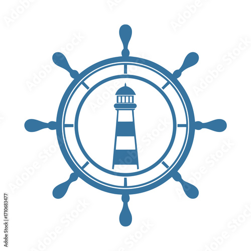 Blue nautical ship wheel with lighthouse emblem helm