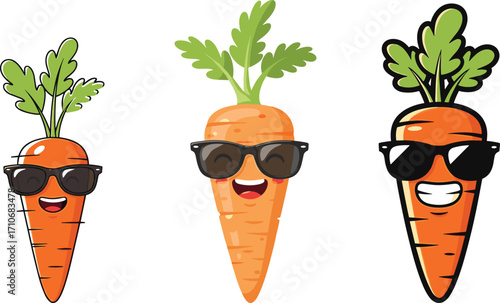 Funny cartoon carrots wearing sunglasses, cute vegetable characters, cool carrot with smile, vector illustration, healthy food mascot, playful veggie design