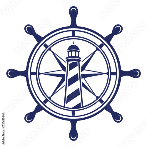 Nautical ship wheel with lighthouse and compass rose graphic vector