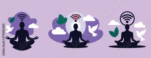 Digital Detox Concept — Person Meditating with Wi-Fi Off Halo, Flat Vector for Mindfulness and Mental Wellness Apps