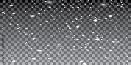 Vector illustration of flying snow on a transparent background. Natural phenomenon of snowfall or blizzard.	