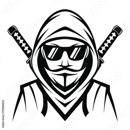 Hooded figure wearing sunglasses stands before crossed swords, presenting a monochromatic, stylized, masked warrior