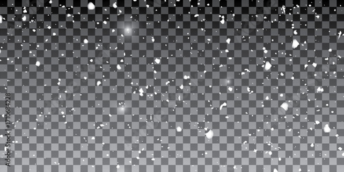 Abstract creative falling snow isolated on background. Vector illustration clipart art for Xmas holiday decoration. Concept idea design element. Realistic snowflake. Winter frost effect