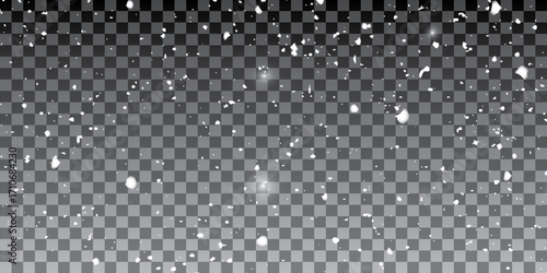 Abstract creative falling snow isolated on background. Vector illustration clipart art for Xmas holiday decoration. Concept idea design element. Realistic snowflake. Winter frost effect