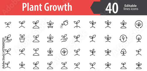 Plant Growth Line Icons, Nature, Gardening and Agriculture Vector Icons Set, Ideal for Both Digital and Print Use  
