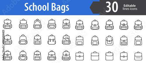 School Bags Line Icons, Education and Backpack Vector Icons Set, Student and Classroom Essentials, Ideal for Both Digital and Print Use  
