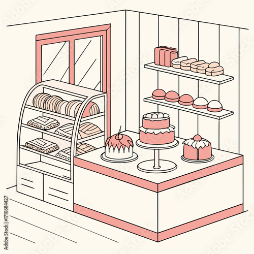 A charming isometric illustration of a bakery interior showcasing a display case filled with pastries and cakes with shelves stocked with bread and sweet treats