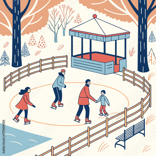 A charming illustration of a family enjoying a winter day ice skating together on an outdoor rink surrounded by trees and a gazebo