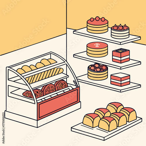 A charming isometric illustration of a bakery display case filled with fresh bread and pastries alongside shelves showcasing various cakes and sweet treats