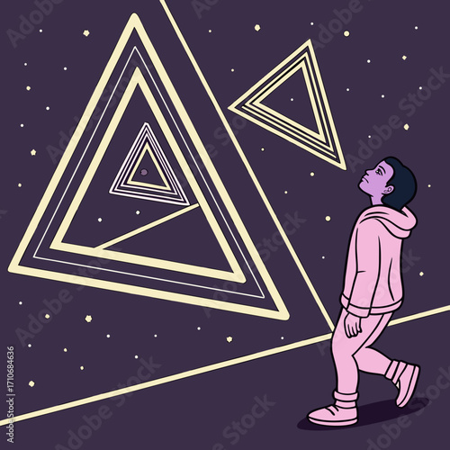 A lone figure in a pink hoodie walks through a surreal landscape of glowing geometric triangles and stars under a dark purple sky