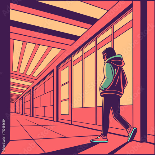 A lone figure walks down a stylized hallway with large windows and a geometric ceiling bathed in warm contrasting colors