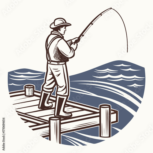 A lone fisherman wearing a hat and boots stands on a wooden pier casting his fishing rod into the wavy blue water with a bucket nearby
