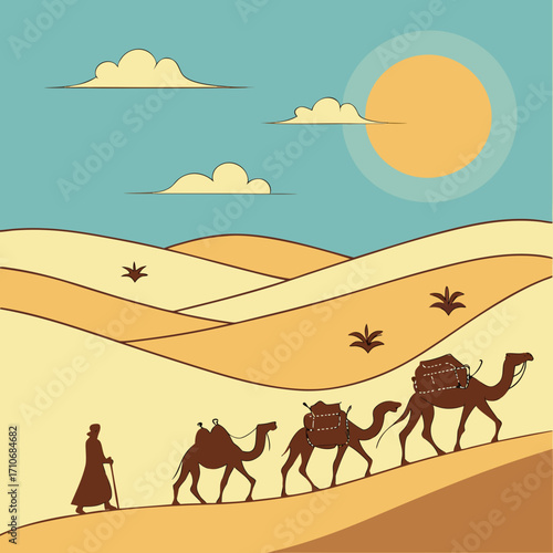 A lone traveler guides a caravan of camels across vast desert dunes under a bright sun and a clear blue sky with scattered clouds