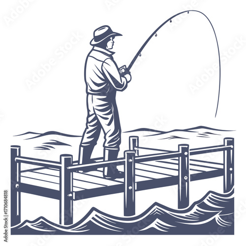 A solitary fisherman wearing a hat and boots stands on a wooden pier casting his fishing rod into the choppy water enjoying a peaceful outdoor hobby