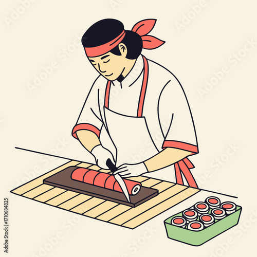 A skilled sushi chef wearing a red bandana and white uniform meticulously slices a large sushi roll on a bamboo mat with a sharp knife