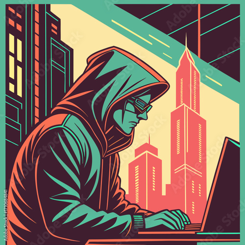 A solitary figure wearing a hooded sweatshirt and glasses is intensely focused on a laptop screen with a stylized cityscape in the background