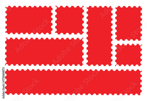 Red Postage stamp set. Post stamp frames and borders. Zigzag edge and scallop edge. Rectangle shape with zigzag edges. Vector illustration.