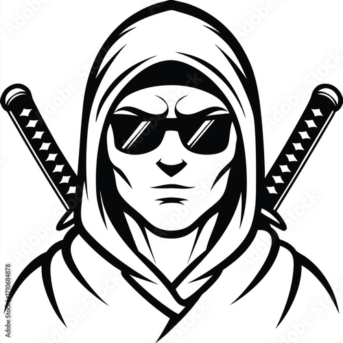 Hooded swordsman with sunglasses appears serious while two blades cross on his back