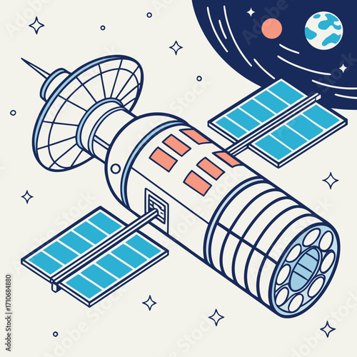 A stylized illustration of a modern satellite with solar panels and an antenna orbiting in space with planets and stars in the background