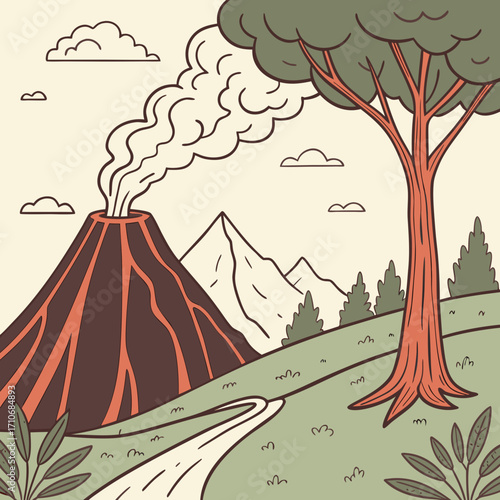 A stylized illustration of a smoking volcano erupting with lava flows on a green hillside under a cloudy sky with a large tree in the foreground