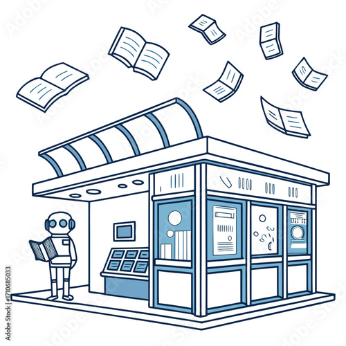 A whimsical cartoon illustration of a friendly robot standing outside a kiosk reading a book with several open books flying around the kiosk in a delightful display of imagination and learning