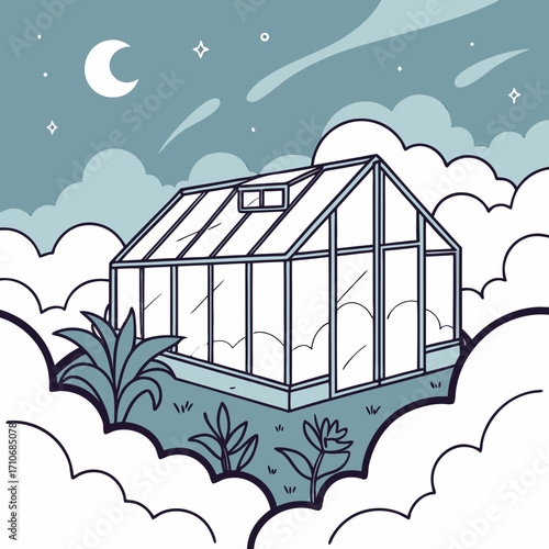 A whimsical illustration of a glass greenhouse nestled amongst stylized clouds under a night sky with a crescent moon and stars