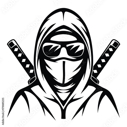 Hooded warrior with face mask and sunglasses holds two swords on his back