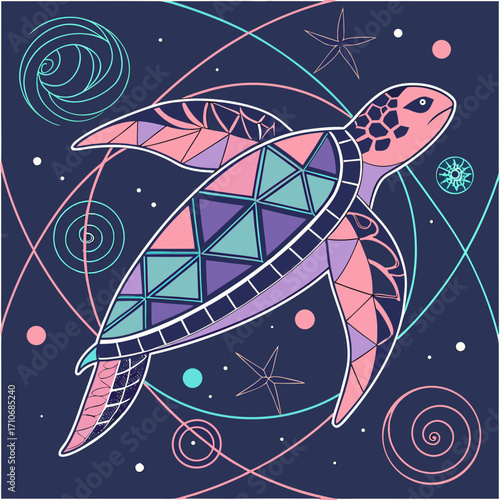 Artistic illustration of a stylized sea turtle swimming gracefully amidst swirling abstract lines and celestial elements in a dark blue background