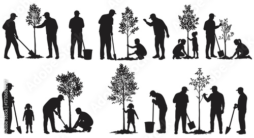 Silhouettes of people planting and tending to growing trees over time