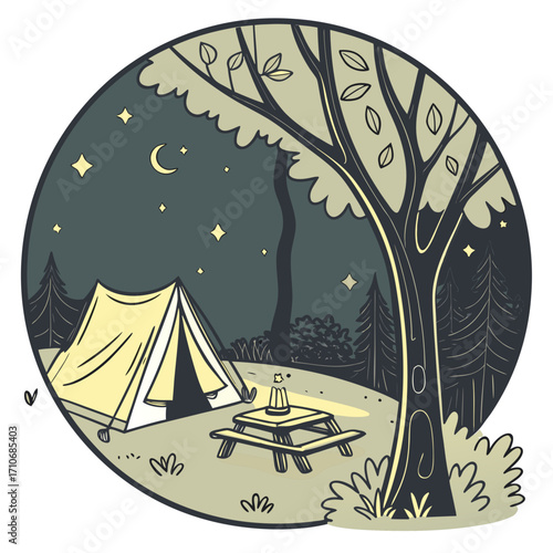 Cozy campsite scene at night with a glowing tent picnic table and starry sky in a forest clearing