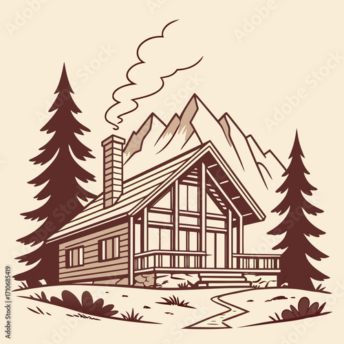 Cozy wooden cabin nestled in a serene mountain landscape with tall pine trees and smoke gently rising from the chimney
