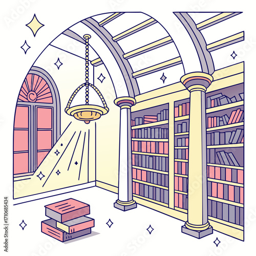 Cozy library interior with arched ceiling large window hanging lamp and tall bookshelves filled with books creating a magical and inviting atmosphere