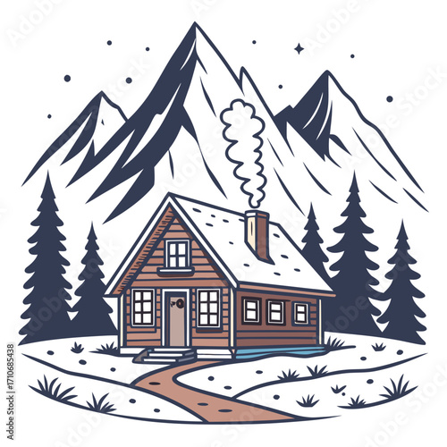 Cozy wooden cabin nestled in a snowy mountain landscape with smoke rising from the chimney and pine trees under a starry night sky