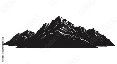 Dramatic monochrome illustration of a jagged mountain range silhouette